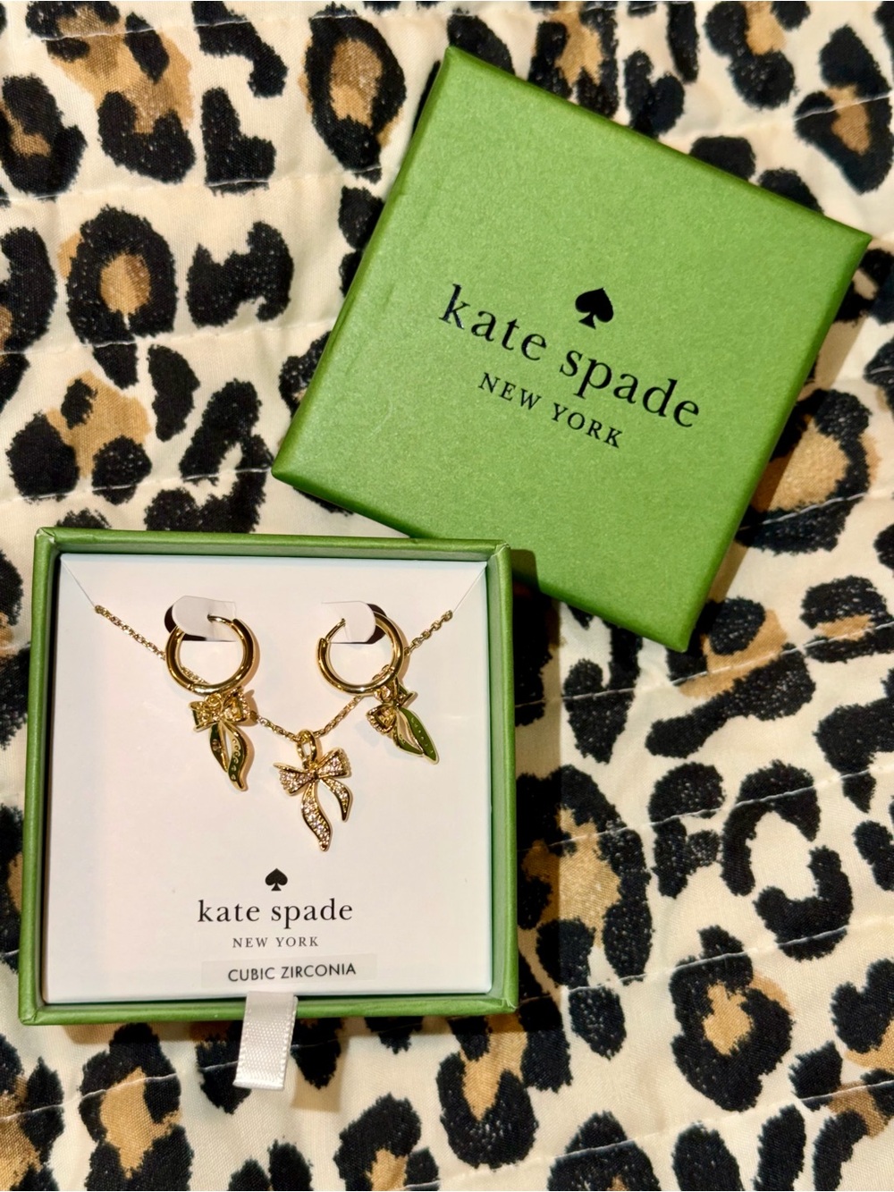 Kate Spade New York Bow Pavé Huggie Hoop Earrings and Pendant Necklace Set NWT